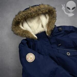 U.S. Polo Assn. Women's Large jacket Navy Hooded Winter Sherpa Lined fur hood